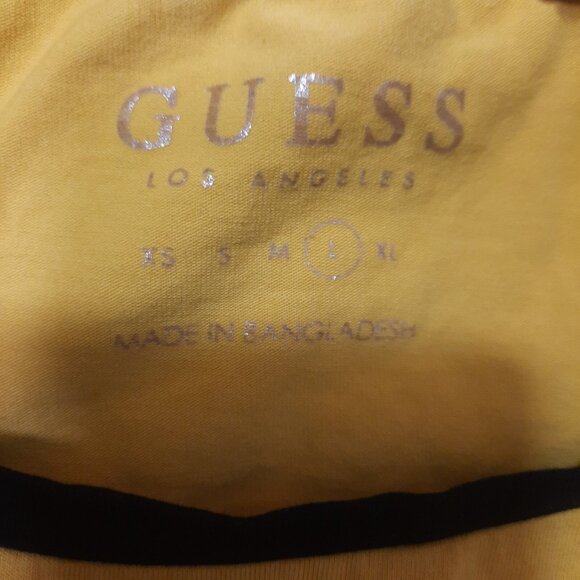 Y2K GUESS T Shirt Yellow Embroidered Ringer Womens L Short Sleeve - Picture 7 of 8